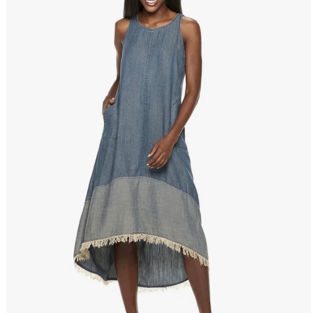 Women’s Hope & Harlow Sleeveless Hi Low Fringe Denim Dress Size 10